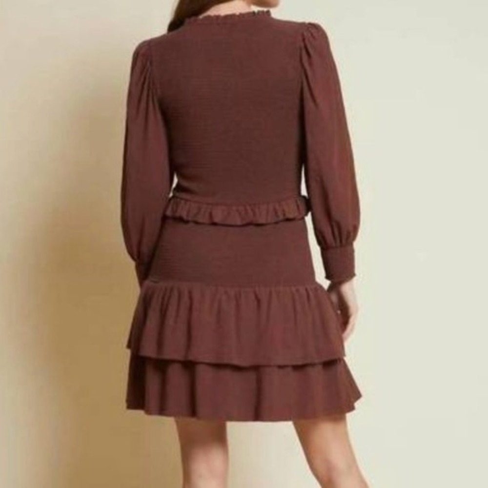 Nation LTD Abby Smocked Mini Dress Small Mauve Ruffle Long Sleeve Boho Romantic - Picture 3 of 13
